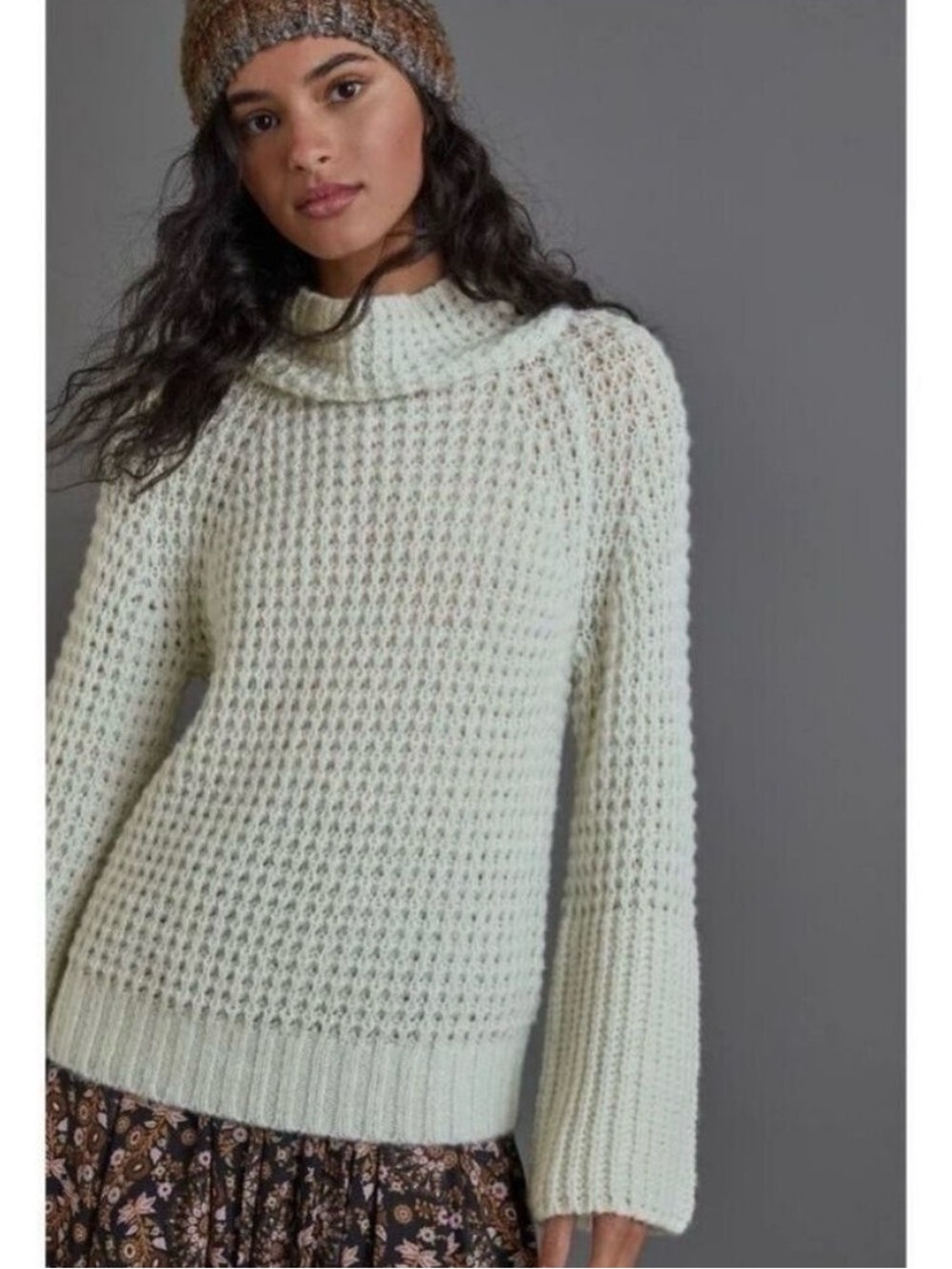MAEVE by ANTHROPOLOGIE Mint Dionne Bell-Sleeved Knit Mock Neck Sweater
